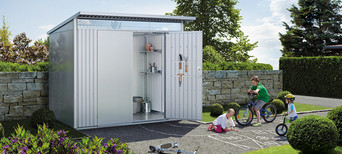 Biohort AvantGarde Gartenhaus aus Metall in Hellgrau mit modernem Design.