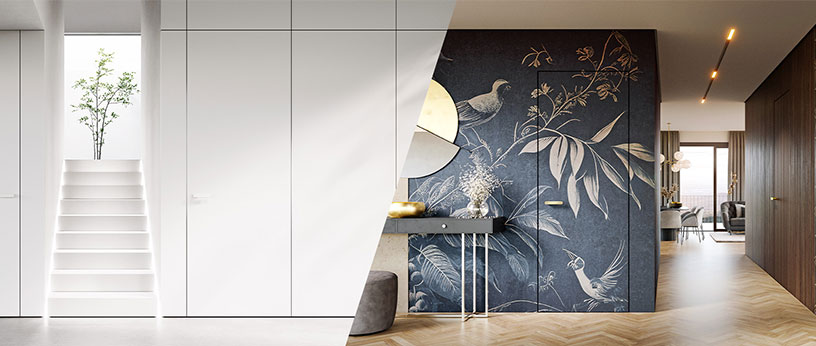 Zwei Wohnräume mit Türen ohne Zarge und floraler Tapete